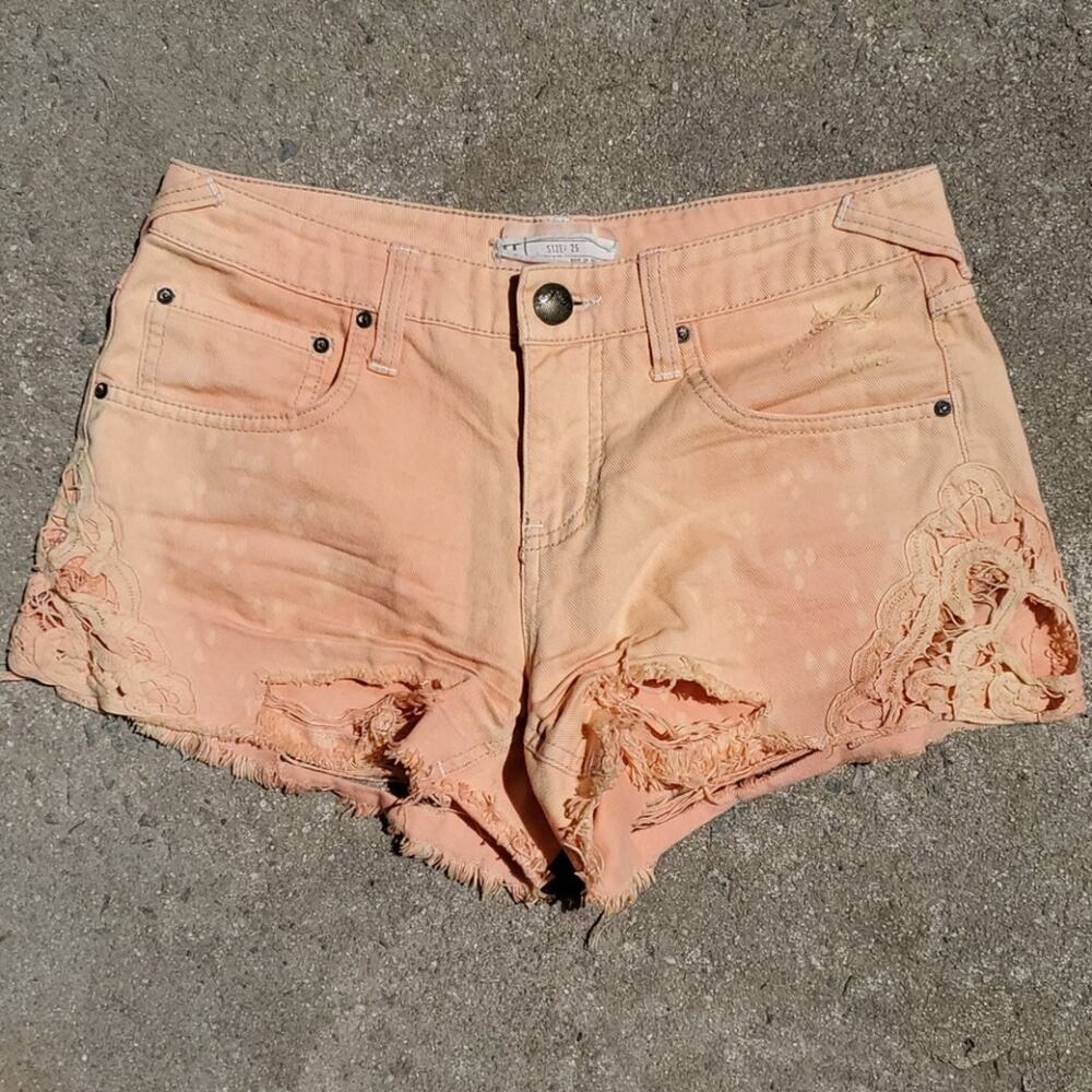 Free People crochet trim destructed jean shorts orange